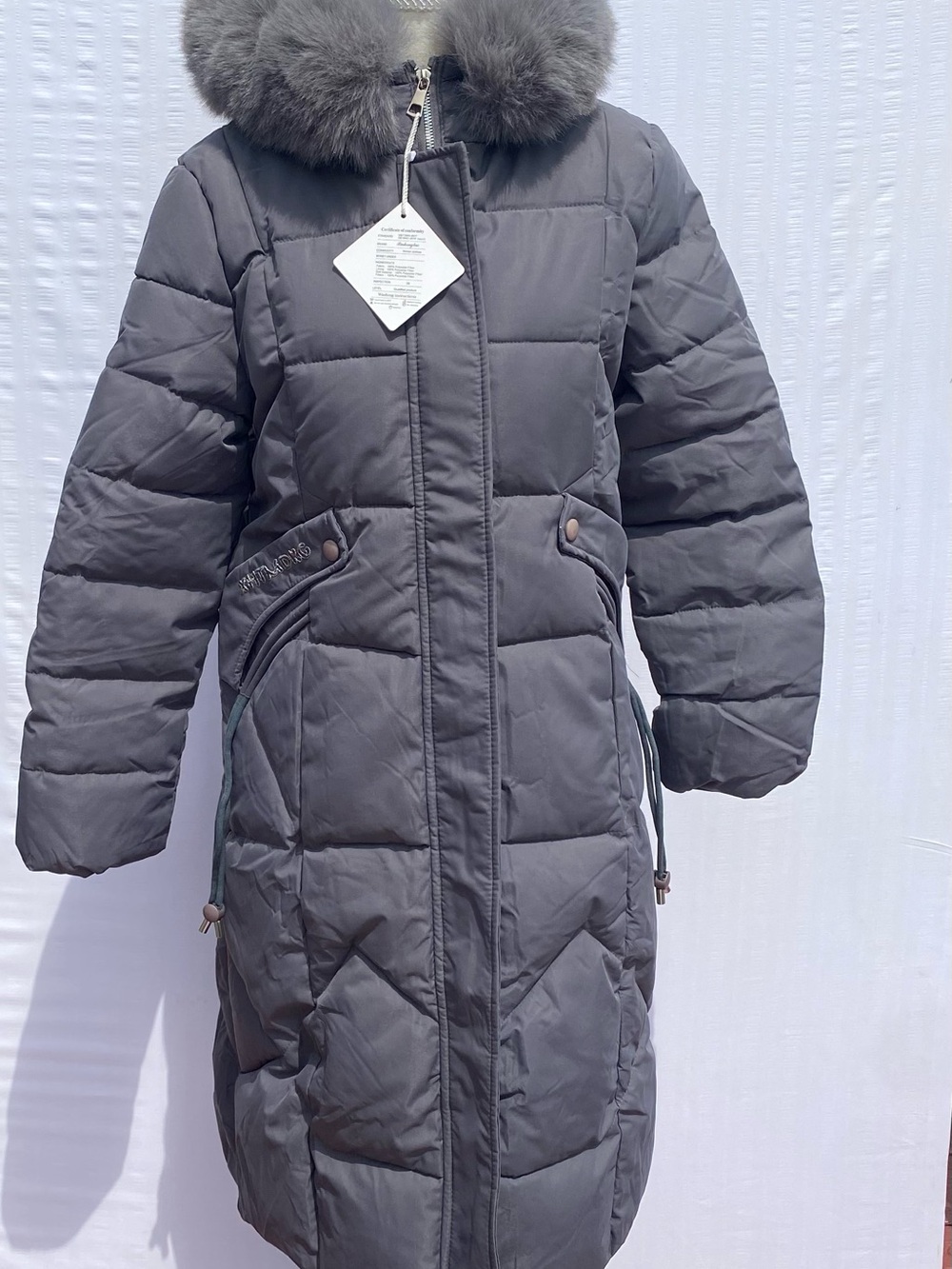 Long Gray Puffer Coat with Faux Fur Collar